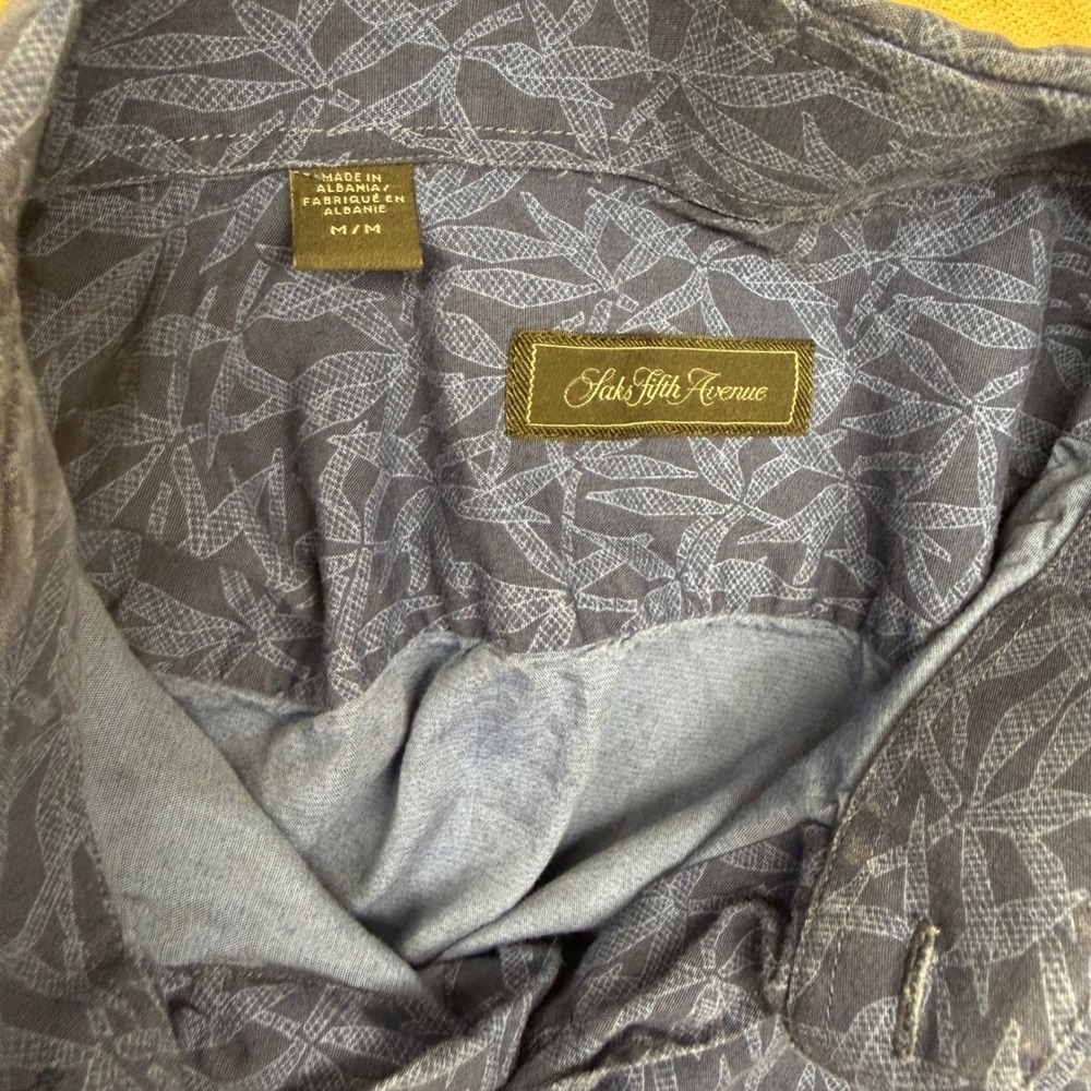 Saks Fifth Avenue Mens Blue Leaf Print Button Down Shirt Long Sleeve Medium - Picture 7 of 9